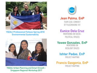YSEALI Professional Fellows Spring 2018
Environmental Sustainability
YSEALI Urban Planning and Smart Growth -
Singapore Regional Workshop 2017
Jean Palma, EnP
Yowee Gonzales, EnP
Eunice Dela Cruz
Ishtar Padao, EnP
Francis Gasgonia, EnP
TEAM LEAD, CONDUCT
OF PLACEMAKING 101
MENTORING ON
RESILIENT SPACES
MENTORING ON SOCIO-
POLITICAL SPACES
PROJECT MAPPING
PROJECT MAPPING
 