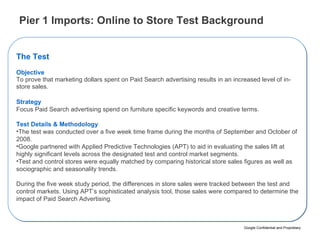 Pier 1 Imports:  Online to Store  Test Background <ul><li>The Test </li></ul><ul><li>Objective To prove that marketing dol...