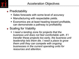Acceleration Objectives

Predictability
 Sales forecasts with some level of accuracy
 Manufacturing with respectable yie...