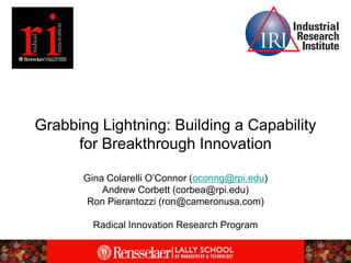 Grabbing Lightning: Building a Capability
     for Breakthrough Innovation

       Gina Colarelli O’Connor (oconng@rpi.edu)
           Andrew Corbett (corbea@rpi.edu)
       Ron Pierantozzi (ron@cameronusa.com)

         Radical Innovation Research Program
 