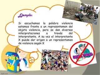 Ejemplo:
Si escuchamos la palabra violencia
estamos frente a un representamen del
objeto violencia, pero se dan diversas
interpretaciones a través del
interpretante. A su vez el interpretante
X puede dar origen a un representamen
de violencia según X
 