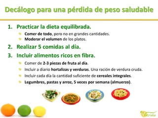 Decálogo para una pérdida de peso saludablePracticar la dieta equilibrada.Comer de todo, pero no en grandes cantidades.Moderar el volumen de los platos.Realizar 5 comidas al día.Incluir alimentos ricos en fibra.Comer de 2-3 piezas de fruta al día.Incluir a diario hortalizas y verduras. Una ración de verdura cruda.Incluir cada día la cantidad suficiente de cerealesintegrales.Legumbres, pastas y arroz, 5 veces por semana (almuerzo).