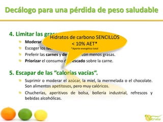 Decálogo para una pérdida de peso saludableLimitar las grasas.Moderar la cantidad de aceite.Escoger los lácteos con poca grasa.Preferir las carnes y derivados con menos grasas. Priorizar el consumo de pescado sobre la carne.Escapar de las “calorías vacías“.Suprimir o moderar el azúcar, la miel, la mermelada o el chocolate. Son alimentos apetitosos, pero muy calóricos.Chucherías, aperitivos de bolsa, bollería industrial, refrescos y bebidas alcohólicas. Hidratos de carbono SENCILLOS< 10% AET**Aporte energético total