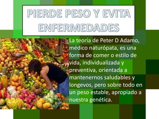 La teoría de Peter D Adamo, 
médico naturópata, es una 
forma de comer o estilo de 
vida, individualizada y 
preventiva, orientada a 
mantenernos saludables y 
longevos, pero sobre todo en 
un peso estable, apropiado a 
nuestra genética. 
 