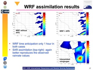 WRF assimilation results WRF time anticipation only 1 hour in both cases SAR assimilation (top-right)  again better reproduces the observed rainrate values Interpolated raingauges WRF + APS WRF without APS 