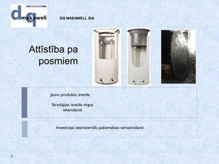 DQ MAKAWELI, SIA
Jaunu produktu izveide
Attīstība pa
posmiem
Stratēģijas izveide tirgus
iekarošanai
Investīcijas izejmateriālu pašizmaksas samazināšanā
 