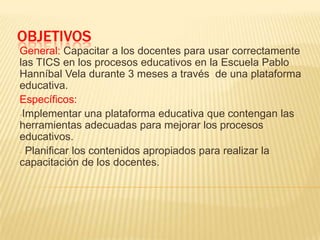 Motivar a los docentes para que utilicen las herramientas tecnológicas que existen en la institución.Las amenazas que podrían dificultar nuestro proyecto  están: Pérdida de continuidad y seguimiento de los docentes en su capacitación.