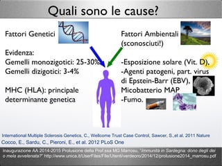 Fattori Genetici
Evidenza:
Gemelli monozigotici: 25-30%
Gemelli dizigotici: 3-4%
MHC (HLA): principale
determinante genetica
Quali sono le cause?
Fattori Ambientali
(sconosciuti!)
-Esposizione solare (Vit. D),
-Agenti patogeni, part. virus
di Epstein-Barr (EBV),
Micobatterio MAP
-Fumo.
Cocco, E., Sardu, C., Pieroni, E., et al. 2012 PLoS One
International Multiple Sclerosis Genetics, C., Wellcome Trust Case Control, Sawcer, S.,et al. 2011 Nature
Inaugurazione AA 2014-2015 Prolusione della Prof.ssa MG Marrosu, “Immunità in Sardegna: dono degli dei
o mela avvelenata?” http://www.unica.it/UserFiles/File/Utenti/verdeoro/2014/12/prolusione2014_marrosu.pdf
 