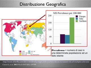 http://www.drbriffa.com/2011/10/20/why-might-shift-workers-be-at-increased-risk-of-multiple-sclerosis/
Cocco E, et al. 2013 PLoS ONE 8(4): e59790.
Distribuzione Geografica
Prevalenza = numero di casi in
una determinata popolazione ad un
dato istante
 