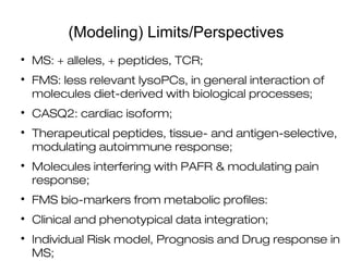 (Modeling) Limits/Perspectives

MS: + alleles, + peptides, TCR;

FMS: less relevant lysoPCs, in general interaction of
molecules diet-derived with biological processes;

CASQ2: cardiac isoform;

Therapeutical peptides, tissue- and antigen-selective,
modulating autoimmune response;

Molecules interfering with PAFR & modulating pain
response;

FMS bio-markers from metabolic profiles:

Clinical and phenotypical data integration;

Individual Risk model, Prognosis and Drug response in
MS;
 