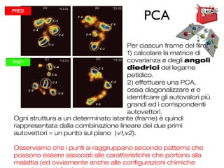PCA
Ogni struttura a un determinato istante (frame) è quindi
rappresentata dalla combinazione lineare dei due primi
autovettori = un punto sul piano (v1,v2).
Osserviamo che i punti si raggruppano secondo patterns che
possono essere associati alle caratteristiche che portano alla
malattia (ed ovviamente anche alle configurazioni chimiche
Per ciascun frame del film:
1) calcolare la matrice di
covarianza σ degli angoli
diedrici del legame
petidico.
2) effettuare una PCA,
ossia diagonalizzare σ e
identifcare gli autovalori più
grandi ed i corrispondenti
autovettori.
 