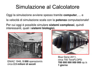 Simulazione al Calcolatore
Oggi la simulazione avviene spesso tramite computer, ... e
la velocità di simulazione scala con la potenza computazionale!
Per cui oggi è possibile simulare sistemi complessi, quindi
interessanti, quali i sistemi biologici.
Blue Gene 2011,
circa 700 TeraFLOPS:
700 000 000 000 000 op./s
1 giorno
ENIAC 1946, 5 000 operazioni/s
circa 2.5 milioni di secoli
 