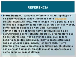  Pierre Bourdieu tornou-se referência na Antropologia e
na Sociologia publicando trabalhos sobre educação,
cultura, literatura, arte, mídia, linguística e política. Suas
reflexões dialogavam tanto com as esferas de Max Weber,
como com as classes de Karl Marx. Adotando a
nomenclatura de construtivismo estruturalista ou de
estruturalismo construtivista, Bourdieu argumentava que
há estruturas objetivas no mundo social que podem
coagir a ação dos indivíduos. Todavia essas estruturas
são construídas socialmente. Por outro lado, Pierre
Bourdieu rejeitava a dicotomia subjetivismo/objetivismo
nas ciências humanas, dizendo que as relações sociais
estão numa relação dialética.
REFERÊNCIA
 