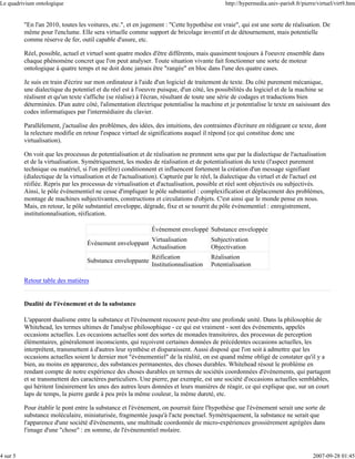 Le quadrivium ontologique                                                                   http://hypermedia.univ-paris8.fr/pierre/virtuel/virt9.htm


          "En l'an 2010, toutes les voitures, etc.", et en jugement : "Cette hypothèse est vraie", qui est une sorte de réalisation. De
          même pour l'enclume. Elle sera virtuelle comme support de bricolage inventif et de détournement, mais potentielle
          comme réserve de fer, outil capable d'usure, etc.

          Réel, possible, actuel et virtuel sont quatre modes d'être différents, mais quasiment toujours à l'oeuvre ensemble dans
          chaque phénomène concret que l'on peut analyser. Toute situation vivante fait fonctionner une sorte de moteur
          ontologique à quatre temps et ne doit donc jamais être "rangée" en bloc dans l'une des quatre cases.

          Je suis en train d'écrire sur mon ordinateur à l'aide d'un logiciel de traitement de texte. Du côté purement mécanique,
          une dialectique du potentiel et du réel est à l'oeuvre puisque, d'un côté, les possibilités du logiciel et de la machine se
          réalisent et qu'un texte s'affiche (se réalise) à l'écran, résultant de toute une série de codages et traductions bien
          déterminées. D'un autre côté, l'alimentation électrique potentialise la machine et je potentialise le texte en saisissant des
          codes informatiques par l'intermédiaire du clavier.

          Parallèlement, j'actualise des problèmes, des idées, des intuitions, des contraintes d'écriture en rédigeant ce texte, dont
          la relecture modifie en retour l'espace virtuel de significations auquel il répond (ce qui constitue donc une
          virtualisation).

          On voit que les processus de potentialisation et de réalisation ne prennent sens que par la dialectique de l'actualisation
          et de la virtualisation. Symétriquement, les modes de réalisation et de potentialisation du texte (l'aspect purement
          technique ou matériel, si l'on préfère) conditionnent et influencent fortement la création d'un message signifiant
          (dialectique de la virtualisation et de l'actualisation). Capturée par le réel, la dialectique du virtuel et de l'actuel est
          réifiée. Repris par les processus de virtualisation et d'actualisation, possible et réel sont objectivés ou subjectivés.
          Ainsi, le pôle événementiel ne cesse d'impliquer le pôle substantiel : complexification et déplacement des problèmes,
          montage de machines subjectivantes, constructions et circulations d'objets. C'est ainsi que le monde pense en nous.
          Mais, en retour, le pôle substantiel enveloppe, dégrade, fixe et se nourrit du pôle événementiel : enregistrement,
          institutionnalisation, réification.

                                                              Événement enveloppé Substance enveloppée
                                                              Virtualisation          Subjectivation
                                   Événement enveloppant
                                                              Actualisation           Objectivation
                                                              Réification             Réalisation
                                   Substance enveloppante
                                                              Institutionnalisation   Potentialisation

          Retour table des matières


          Dualité de l'événement et de la substance

          L'apparent dualisme entre la substance et l'événement recouvre peut-être une profonde unité. Dans la philosophie de
          Whitehead, les termes ultimes de l'analyse philosophique - ce qui est vraiment - sont des événements, appelés
          occasions actuelles. Les occasions actuelles sont des sortes de monades transitoires, des processus de perception
          élémentaires, généralement inconscients, qui reçoivent certaines données de précédentes occasions actuelles, les
          interprètent, transmettent à d'autres leur synthèse et disparaissent. Aussi disposé que l'on soit à admettre que les
          occasions actuelles soient le dernier mot "événementiel" de la réalité, on est quand même obligé de constater qu'il y a
          bien, au moins en apparence, des substances permanentes, des choses durables. Whitehead résout le problème en
          rendant compte de notre expérience des choses durables en termes de sociétés coordonnées d'événements, qui partagent
          et se transmettent des caractères particuliers. Une pierre, par exemple, est une société d'occasions actuelles semblables,
          qui héritent linéairement les unes des autres leurs données et leurs manières de réagir, ce qui explique que, sur un court
          laps de temps, la pierre garde à peu près la même couleur, la même dureté, etc.

          Pour établir le pont entre la substance et l'événement, on pourrait faire l'hypothèse que l'événement serait une sorte de
          substance moléculaire, miniaturisée, fragmentée jusqu'à l'acte ponctuel. Symétriquement, la substance ne serait que
          l'apparence d'une société d'événements, une multitude coordonnée de micro-expériences grossièrement agrégées dans
          l'image d'une "chose" : en somme, de l'événementiel molaire.



4 sur 5                                                                                                                           2007-09-28 01:45
 