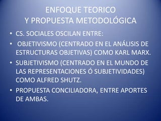 ENFOQUE TEORICO
    Y PROPUESTA METODOLÓGICA
• CS. SOCIALES OSCILAN ENTRE:
• OBJETIVISMO (CENTRADO EN EL ANÁLISIS DE
  ESTRUCTURAS OBJETIVAS) COMO KARL MARX.
• SUBJETIVISMO (CENTRADO EN EL MUNDO DE
  LAS REPRESENTACIONES Ó SUBJETIVIDADES)
  COMO ALFRED SHUTZ.
• PROPUESTA CONCILIADORA, ENTRE APORTES
  DE AMBAS.
 