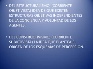 • DEL ESTRUCTURALISMO, (CORRIENTE
  OBJETIVISTA) IDEA DE QUE EXISTEN
  ESTRUCTURAS OBJETIVAS INDEPENDIENTES
  DE LA CONCIENCIA Y VOLUNTAD DE LOS
  AGENTES.

• DEL CONSTRUCTIVISMO, (CORRIENTE
  SUBJETIVISTA) LA IDEA QUE PLANTEA EL
  ORIGEN DE LOS ESQUEMAS DE PERCEPCION.
 