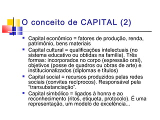 O conceito de CAPITAL (2)
 Capital econômico = fatores de produção, renda,
patrimônio, bens materiais
 Capital cultural = qualificações intelectuais (no
sistema educativo ou obtidas na família). Três
formas: incorporados no corpo (expressão oral),
objetivos (posse de quadros ou obras de arte) e
institucionalizados (diplomas e títulos)
 Capital social = recursos produzidos pelas redes
sociais (convites recíprocos). Responsável pela
“transubstanciação”.
 Capital simbólico = ligados à honra e ao
reconhecimento (ritos, etiqueta, protocolo). É uma
representação, um modelo de excelência...
 