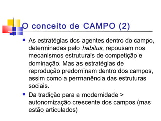 O conceito de CAMPO (2)
 As estratégias dos agentes dentro do campo,
determinadas pelo habitus, repousam nos
mecanismos estruturais de competição e
dominação. Mas as estratégias de
reprodução predominam dentro dos campos,
assim como a permanência das estruturas
sociais.
 Da tradição para a modernidade >
autonomização crescente dos campos (mas
estão articulados)
 
