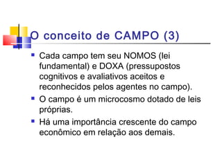 O conceito de CAMPO (3)
 Cada campo tem seu NOMOS (lei
fundamental) e DOXA (pressupostos
cognitivos e avaliativos aceitos e
reconhecidos pelos agentes no campo).
 O campo é um microcosmo dotado de leis
próprias.
 Há uma importância crescente do campo
econômico em relação aos demais.
 