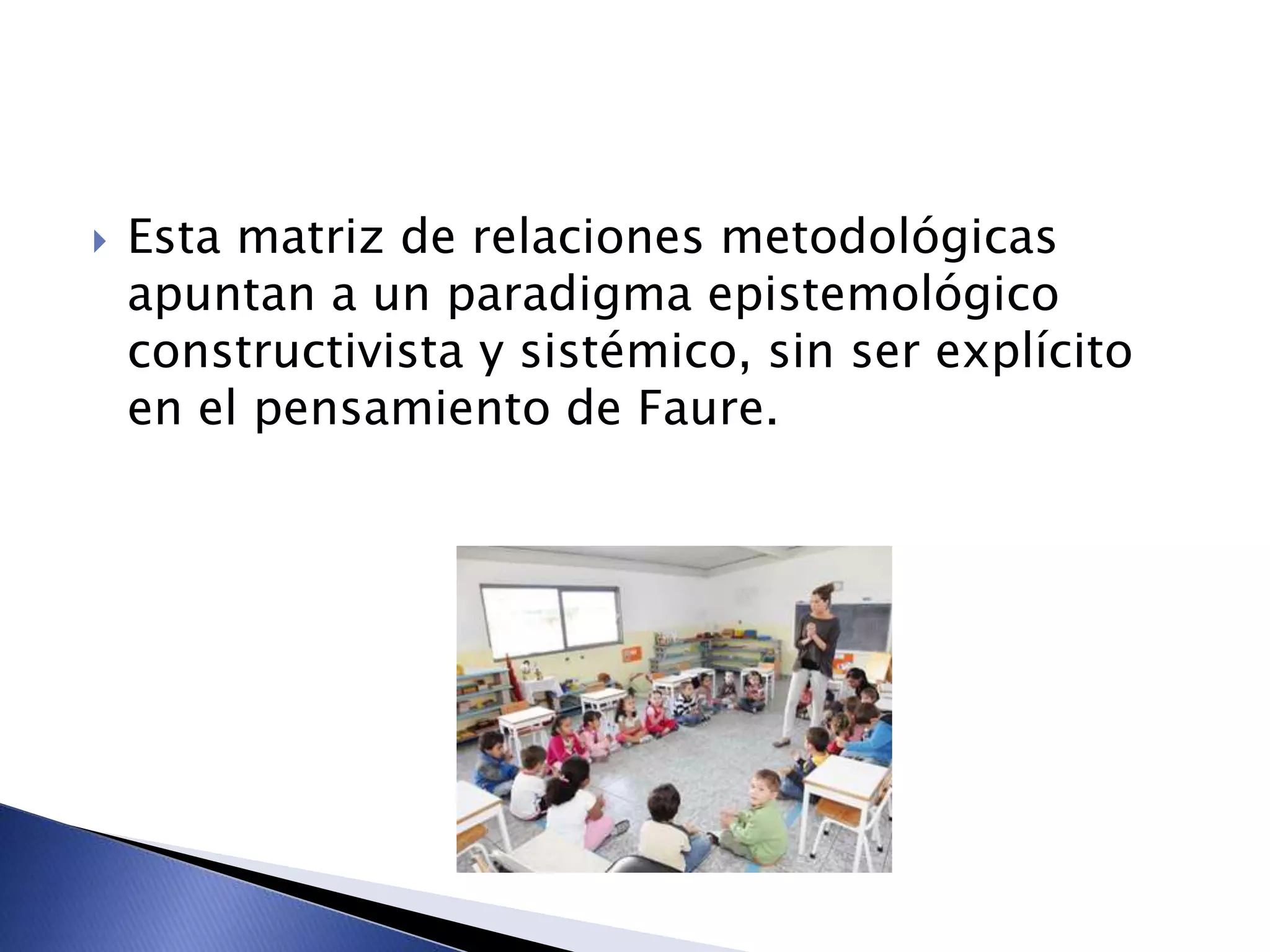  Esta matriz de relaciones metodológicas
apuntan a un paradigma epistemológico
constructivista y sistémico, sin ser explícito
en el pensamiento de Faure.
 