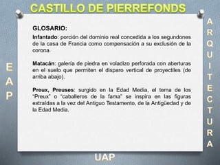 Infantado: porción del dominio real concedida a los segundones
de la casa de Francia como compensación a su exclusión de la
corona.
Matacán: galería de piedra en voladizo perforada con aberturas
en el suelo que permiten el disparo vertical de proyectiles (de
arriba abajo).
Preux, Preuses: surgido en la Edad Media, el tema de los
“Preux” o “caballeros de la fama” se inspira en las figuras
extraídas a la vez del Antiguo Testamento, de la Antigüedad y de
la Edad Media.
GLOSARIO:
 
