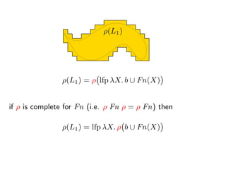 ρ(L1) = ρ lfp λX. b ∪ Fn(X)
ρ(L1)
if ρ is complete for Fn (i.e. ρ Fn ρ = ρ Fn) then
ρ(L1) = lfp λX. ρ b ∪ Fn(X)
 