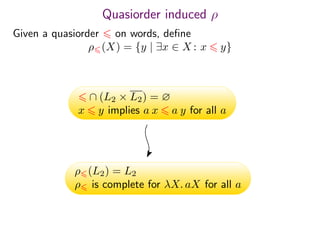 Quasiorder induced ρ
Given a quasiorder on words, deﬁne
ρ (X) = {y | ∃x ∈ X : x y}
∩ (L2 × L2) = ∅
x y implies a x a y for all a
ρ (L2) = L2
ρ is complete for λX. aX for all a
 
