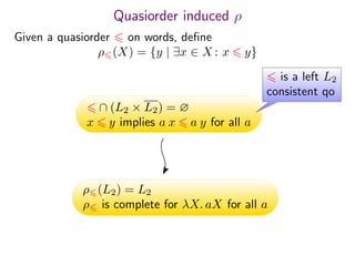 Quasiorder induced ρ
Given a quasiorder on words, deﬁne
ρ (X) = {y | ∃x ∈ X : x y}
∩ (L2 × L2) = ∅
x y implies a x a y for all a
ρ (L2) = L2
ρ is complete for λX. aX for all a
is a left L2
consistent qo
 