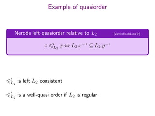 Example of quasiorder
Nerode left quasiorder relative to L2 [Varricchio,deLuca’94]
x l
L2
y ⇔ L2 x−1
⊆ L2 y−1
l
L2
is left L2 consistent
l
L2
is a well-quasi order if L2 is regular
 