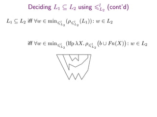 Deciding L1 ⊆ L2 using l
L2
(cont’d)
L1 ⊆ L2 iﬀ ∀w ∈ min l
L2
(ρ l
L2
(L1)): w ∈ L2
iﬀ ∀w ∈ min l
L2
(lfp λX. ρ l
L2
b ∪ Fn(X) : w ∈ L2
 