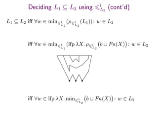Deciding L1 ⊆ L2 using l
L2
(cont’d)
L1 ⊆ L2 iﬀ ∀w ∈ min l
L2
(ρ l
L2
(L1)): w ∈ L2
iﬀ ∀w ∈ lfp λX. min l
L2
b ∪ Fn(X) : w ∈ L2
iﬀ ∀w ∈ min l
L2
(lfp λX. ρ l
L2
b ∪ Fn(X) : w ∈ L2
 