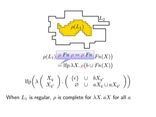 ρ(L1) = ρ lfp λX. b ∪ Fn(X)
= lfp λX. ρ b ∪ Fn(X)
L2
ρ(L1)
When L1 is regular, ρ is complete for λX. aX for all a
ρ Fn ρ = ρ Fn
lfp λ
Xq
Xq
.
{ } ∪ bXq
∅ ∪ aXq ∪ aXq
 