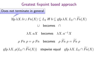 Greatest ﬁxpoint based approach
lfp λX. b ∪ Fn(X) ⊆ L2 iﬀ b ⊆ gfp λX. L2 ∩ Fn(X)
∪ becomes ∩
λX. aX becomes λX. a−1
X
ρ Fn ρ = ρ Fn becomes ρ Fn ρ = Fn ρ
gfp λX. ρ(L2 ∩ Fn(X)) stepwise equal gfp λX. L2 ∩ Fn(X)
Does not terminate in general
 