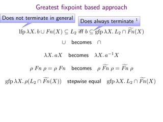 Greatest ﬁxpoint based approach
lfp λX. b ∪ Fn(X) ⊆ L2 iﬀ b ⊆ gfp λX. L2 ∩ Fn(X)
∪ becomes ∩
λX. aX becomes λX. a−1
X
ρ Fn ρ = ρ Fn becomes ρ Fn ρ = Fn ρ
gfp λX. ρ(L2 ∩ Fn(X)) stepwise equal gfp λX. L2 ∩ Fn(X)
Does not terminate in general
Does always terminate 1
 