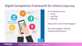 Digital Competence Framework for citizens (DigComp)
https://ec.europa.eu/jrc/en/digcomp
ICT Competences for
• Living
• Learning
• Working
Not just for current technologies!
We need adaptive, lifelong
professionals/learners
 