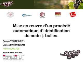 Équipe VORTEX-IRIT : Viorica PATRAUCEAN Pierre GURDJOS Jean-Pierre JESSEL Mise en  œuvre  d’un procédé automatique d’identiﬁcation du code à bulles. 