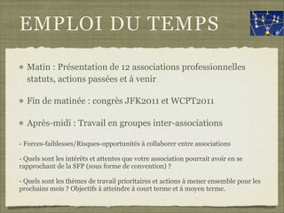 EMPLOI DU TEMPS
  Matin : Présentation de 12 associations professionnelles
  statuts, actions passées et à venir

  Fin de matinée : congrès JFK2011 et WCPT2011

  Après-midi : Travail en groupes inter-associations

- Forces-faiblesses/Risques-opportunités à collaborer entre associations

- Quels sont les intérêts et attentes que votre association pourrait avoir en se
rapprochant de la SFP (sous forme de convention) ?

- Quels sont les thèmes de travail prioritaires et actions à mener ensemble pour les
prochains mois ? Objectifs à atteindre à court terme et à moyen terme.
 