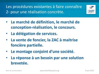 Les procédures existantes à faire connaître
2- pour une réalisation concrète.
• Le marché de définition, le marché de
conception-réalisation, le concours.
• La délégation de services.
• La vente de foncier, la ZAC à maitrise
foncière partielle.
• Le montage conjoint d’une société.
• La réponse à un besoin par une solution
brevetée.
9 juin 2015www.theshiftproject.orgNom de la présentation
 