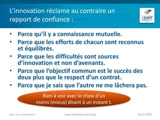 L’innovation réclame au contraire un
rapport de confiance :
• Parce qu’il y a connaissance mutuelle.
• Parce que les efforts de chacun sont reconnus
et équilibrés.
• Parce que les difficultés sont sources
d’innovation et non d’avenants.
• Parce que l’objectif commun est le succès des
deux plus que le respect d’un contrat.
• Parce que je sais que l’autre ne me lâchera pas.
9 juin 2015www.theshiftproject.orgNom de la présentation
Rien à voir avec le choix d’un
moins (mieux) disant à un instant t.
 
