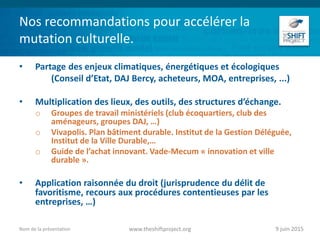 Nos recommandations pour accélérer la
mutation culturelle.
• Partage des enjeux climatiques, énergétiques et écologiques
(Conseil d’Etat, DAJ Bercy, acheteurs, MOA, entreprises, ...)
• Multiplication des lieux, des outils, des structures d’échange.
o Groupes de travail ministériels (club écoquartiers, club des
aménageurs, groupes DAJ, …)
o Vivapolis. Plan bâtiment durable. Institut de la Gestion Déléguée,
Institut de la Ville Durable,…
o Guide de l’achat innovant. Vade-Mecum « innovation et ville
durable ».
• Application raisonnée du droit (jurisprudence du délit de
favoritisme, recours aux procédures contentieuses par les
entreprises, …)
9 juin 2015www.theshiftproject.orgNom de la présentation
 