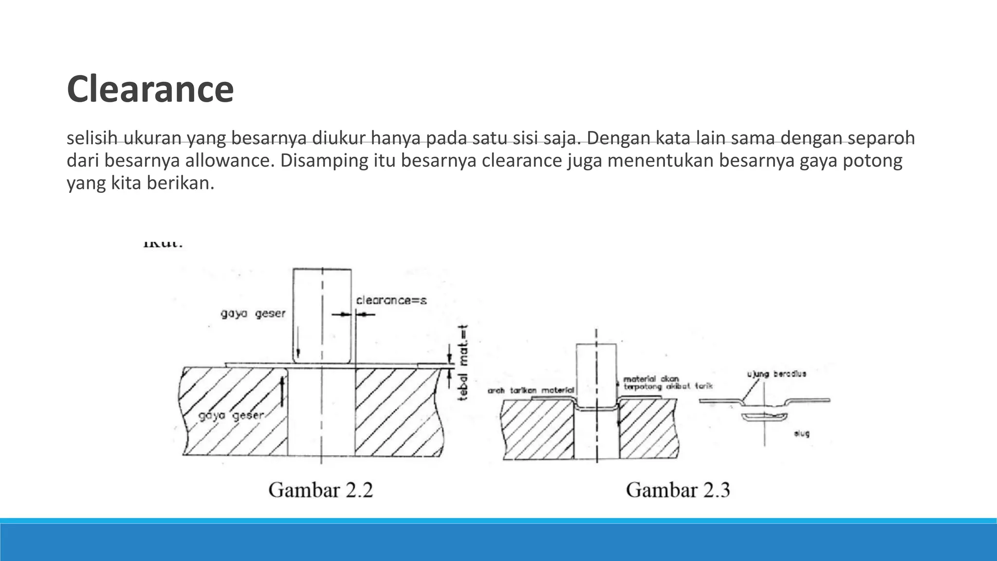 Clearance
selisih ukuran yang besarnya diukur hanya pada satu sisi saja. Dengan kata lain sama dengan separoh
dari besarnya allowance. Disamping itu besarnya clearance juga menentukan besarnya gaya potong
yang kita berikan.
 