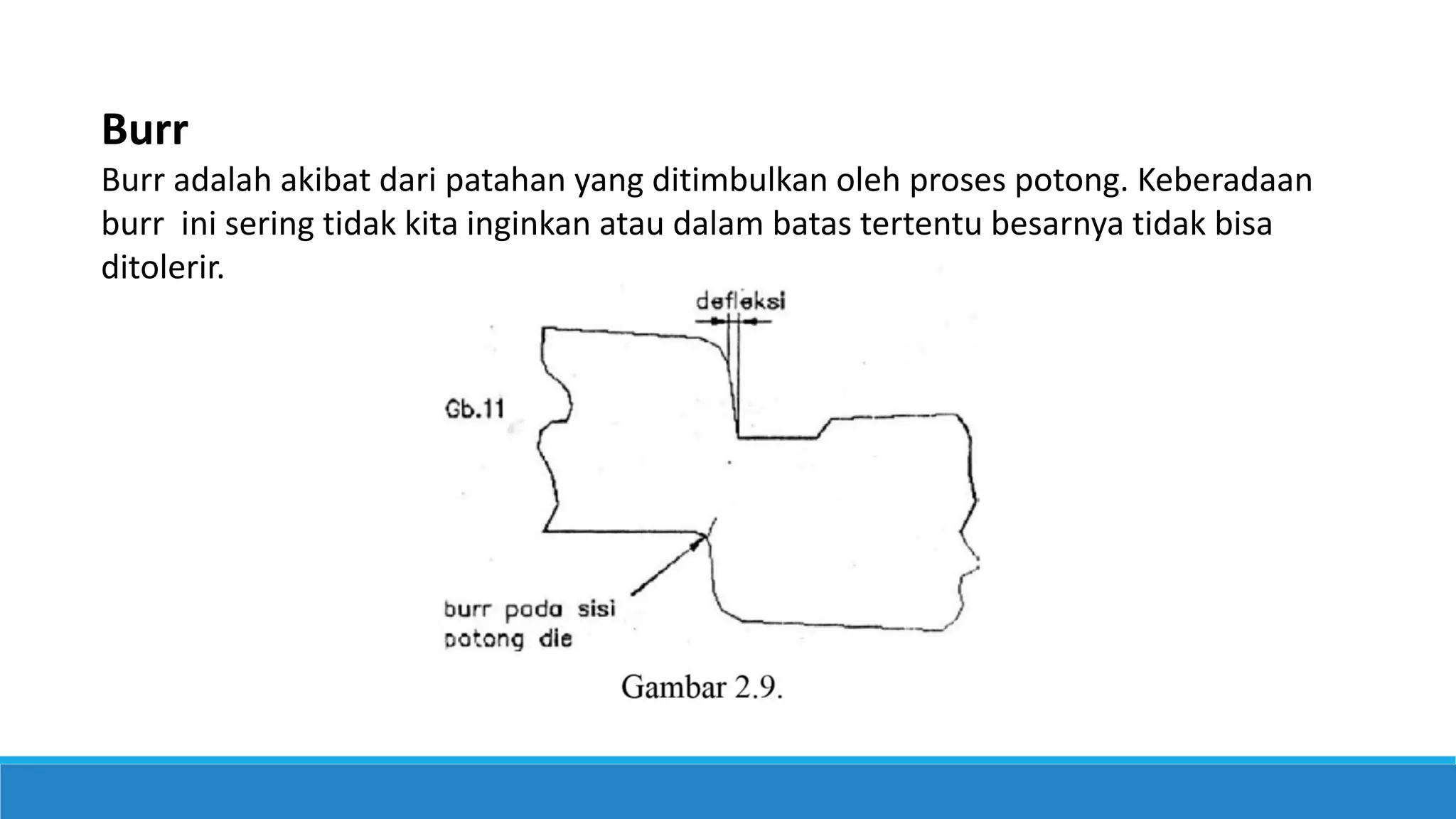 Burr
Burr adalah akibat dari patahan yang ditimbulkan oleh proses potong. Keberadaan
burr ini sering tidak kita inginkan atau dalam batas tertentu besarnya tidak bisa
ditolerir.
 