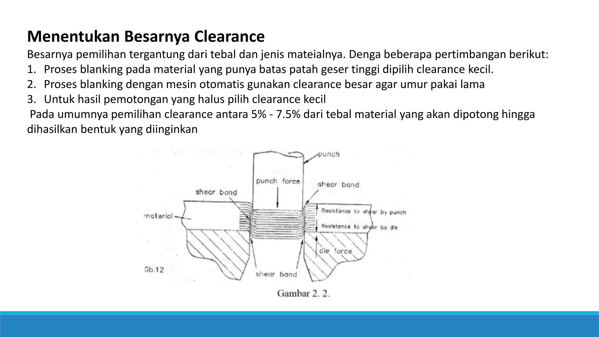 Menentukan Besarnya Clearance
Besarnya pemilihan tergantung dari tebal dan jenis mateialnya. Denga beberapa pertimbangan berikut:
1. Proses blanking pada material yang punya batas patah geser tinggi dipilih clearance kecil.
2. Proses blanking dengan mesin otomatis gunakan clearance besar agar umur pakai lama
3. Untuk hasil pemotongan yang halus pilih clearance kecil
Pada umumnya pemilihan clearance antara 5% - 7.5% dari tebal material yang akan dipotong hingga
dihasilkan bentuk yang diinginkan
 