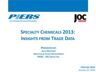 SPECIALTY CHEMICALS 2013:
INSIGHTS FROM TRADE DATA
PRESENTED BY:
ALIET MARTINEZ
DIRECTOR OF CLIENT DEVELOPMENT
PIERS – JOC GROUP INC.

InformEx 2014
January 22, 2014

 