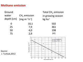 Methane emission
Ground
water
CH4 emission
depth [cm] [mg m-2 h-1]
0
25
50
75

Source:
J. Turbiak,2012

10,1
7,9
4,0
2,9

Total CH4 emission
in growing season
kg ha-1
502
361
198
141

 