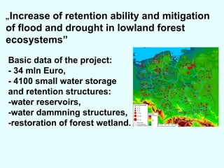 „Increase

of retention ability and mitigation
of flood and drought in lowland forest
ecosystems”
Basic data of the project:
- 34 mln Euro,
- 4100 small water storage
and retention structures:
-water reservoirs,
-water dammning structures,
-restoration of forest wetland.

 