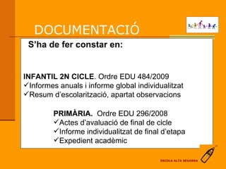 S’ha de fer constar en: PRIMÀRIA.  Ordre EDU 296/2008 Actes d’avaluació de final de cicle Informe individualitzat de final d’etapa Expedient acadèmic INFANTIL 2N CICLE . Ordre EDU 484/2009 Informes anuals i informe global individualitzat Resum d’escolarització, apartat observacions DOCUMENTACIÓ  ESCOLA ALTA SEGARRA 