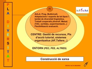 Construcció de xarxa PI ENTORN  (PEC, PEE, ALTRES)   CENTRE: Gestió de recursos, Pla d’acció tutorial, sistemes organitzatius (AF,Tallers...) AULA: Prog. Multinivell, Adaptacions i suports de tot tipus i també de diversitat lingüística, Treball cooperatiu,diversif. Metod. (TAC, sortides, experimentació...) Flexibilització avaluació. P L A D I V E R S I T A T ESCOLA ALTA SEGARRA 