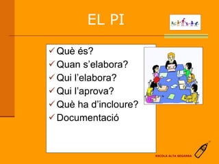 Què és? Quan s’elabora? Qui l’elabora? Qui l’aprova? Què ha d’incloure? Documentació EL PI   ESCOLA ALTA SEGARRA 