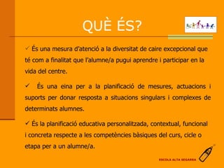És una mesura d’atenció a la diversitat de caire excepcional que té com a finalitat que l’alumne/a pugui aprendre i participar en la vida del centre.   És una eina per a la planificació de mesures, actuacions i suports per donar resposta a situacions singulars i complexes de determinats alumnes. És la planificació educativa personalitzada, contextual, funcional i concreta respecte a les competències bàsiques del curs, cicle o etapa per a un alumne/a. QUÈ ÉS?   ESCOLA ALTA SEGARRA 